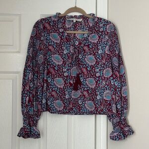 Rebecca Minkoff Floral Smocked Peasant Blouse Tassel Tie Top Cropped Medium Boho